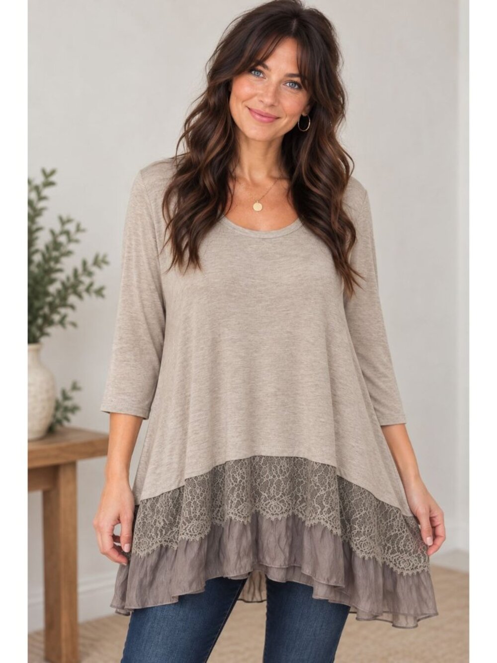 LOGO Lori Goldstein Oatmeal Lace Satin Layered Hem 3/4 Sleeve Tunic 2X